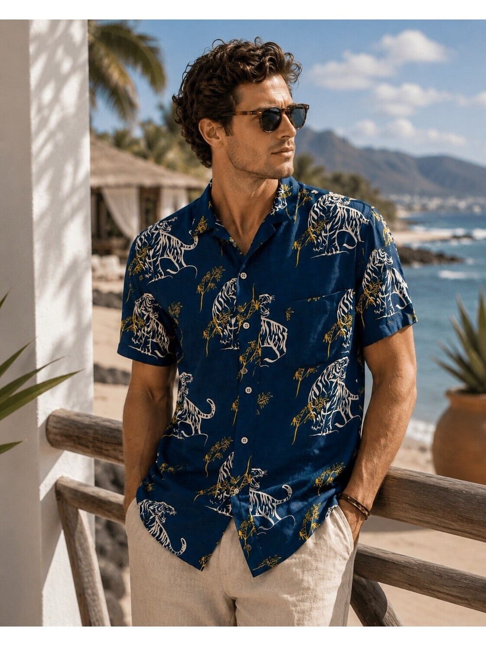 VSTR Premium short-sleeve button-up shirt Tiger And Bamboo Print Size M